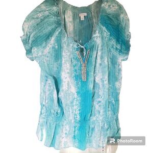 Relativity Women's XL Boho Tie-Dye Beaded Peasant Top 100% Cotton